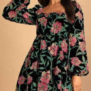 Lulus Blissful Garden Black Floral Print Burnout Velvet Babydoll Dress - Size XL